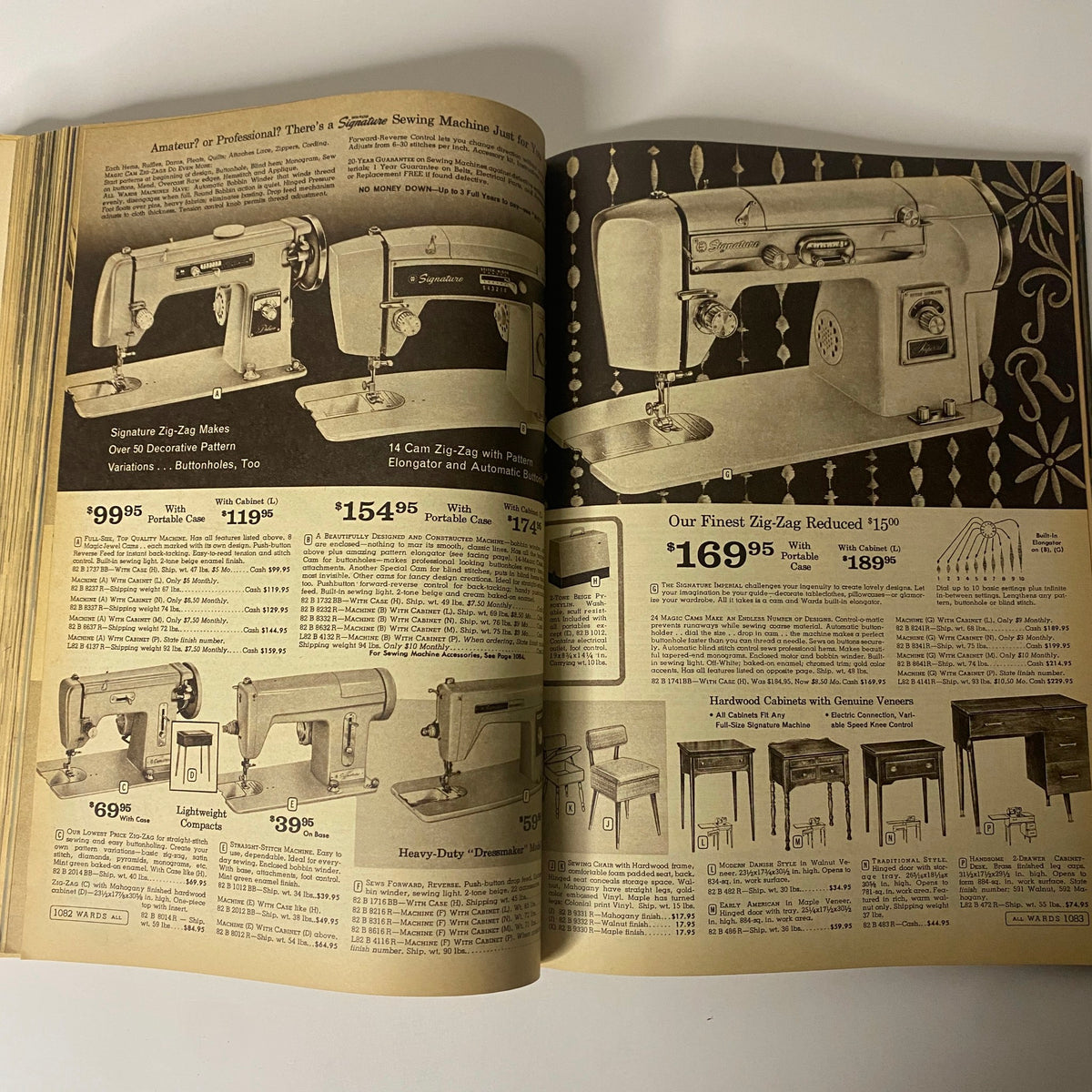 Display of Signature sewing machines along with pricing options from the 1966 Montgomery Ward Spring and Summer Catalog, catering to both professionals and amateurs.