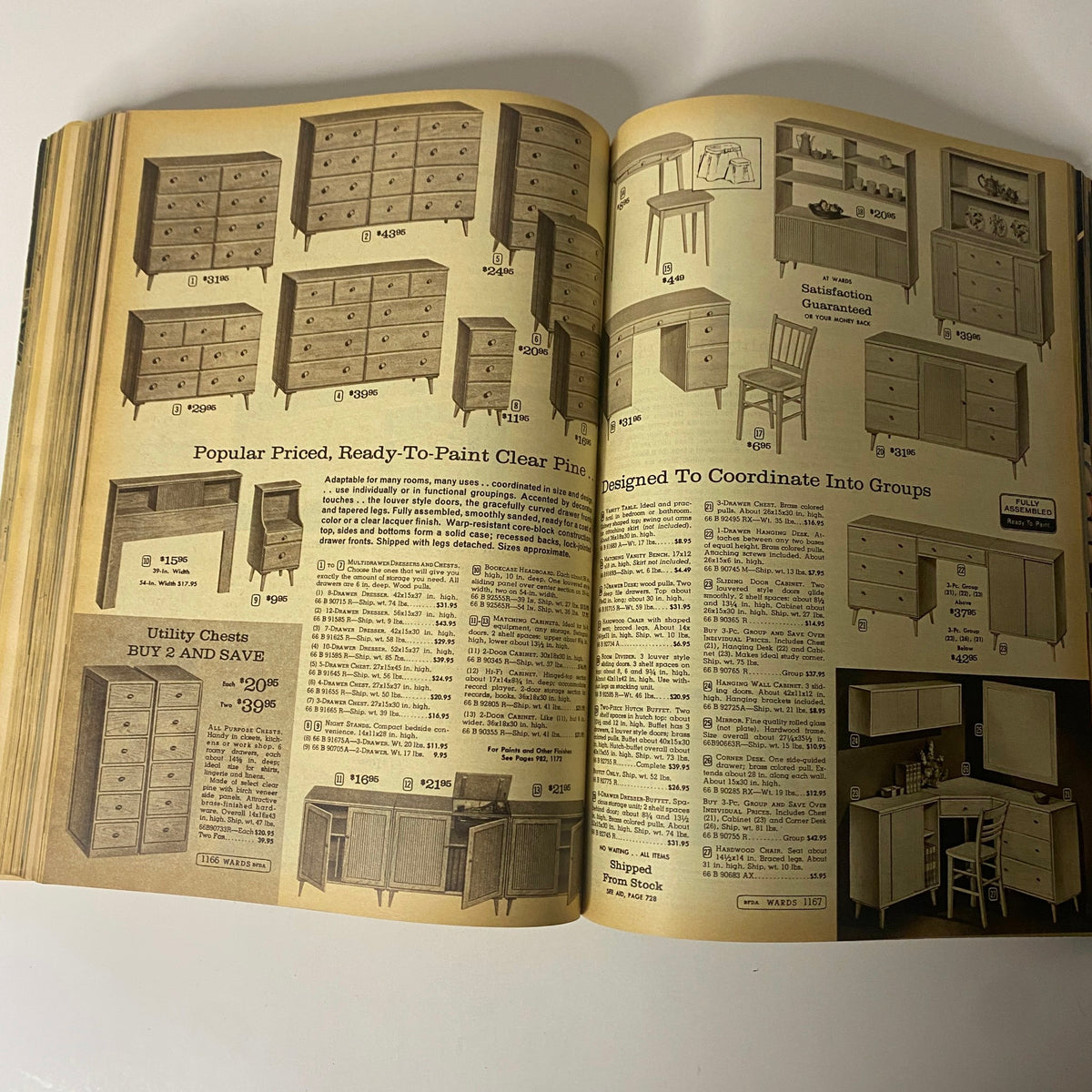 Furniture offerings from the 1966 Montgomery Ward Spring and Summer Catalog highlighting various ready-to-paint and coordinated group items, including dressers and utility chests.