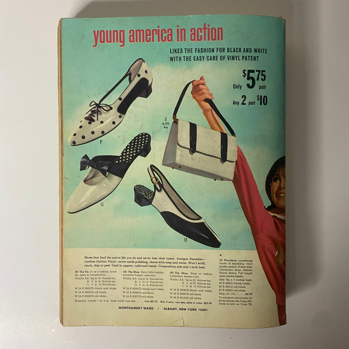 1966 Montgomery Ward Spring and Summer Catalog showcasing black and white vinyl patent shoes and handbags from the Young America in Action collection. The image features stylish footwear with unique designs and a vintage-inspired aesthetic, reflecting mid-1960s fashion trends.