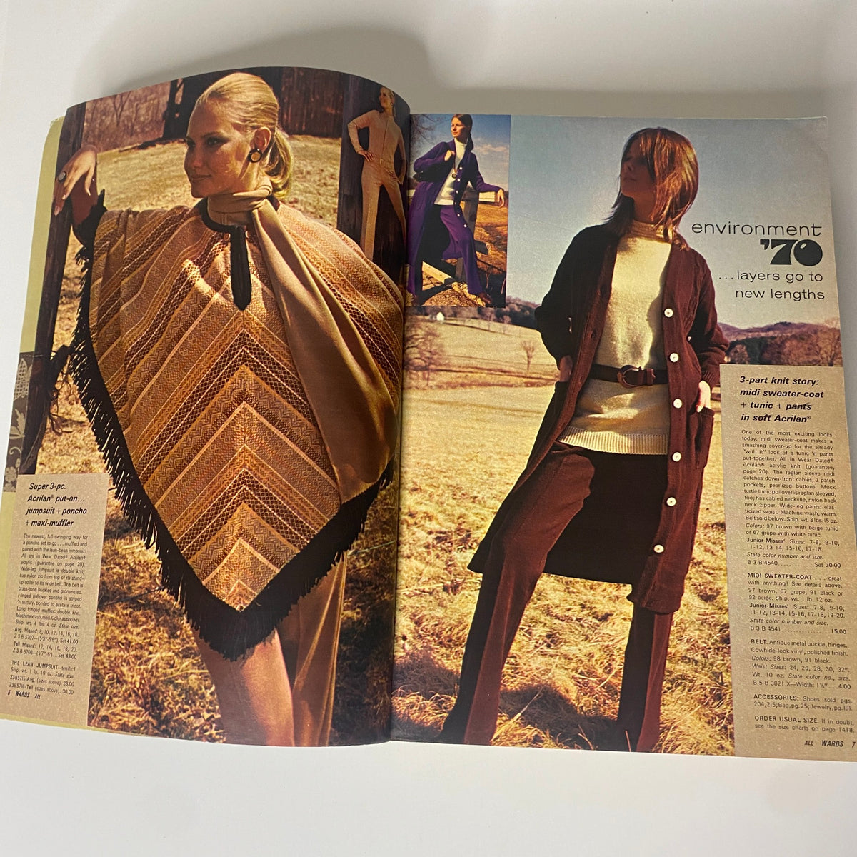 Interior pages of the 1970 Montgomery Ward Fall and Winter Catalog displaying stylish outfits including a poncho and layered clothing.
