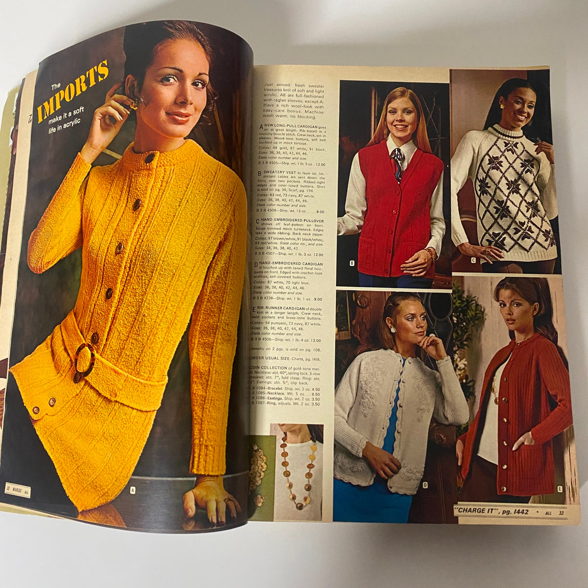 1970 Montgomery Ward Fall and Winter Catalog showcasing stylish vintage women's cardigans and sweaters in vibrant colors.