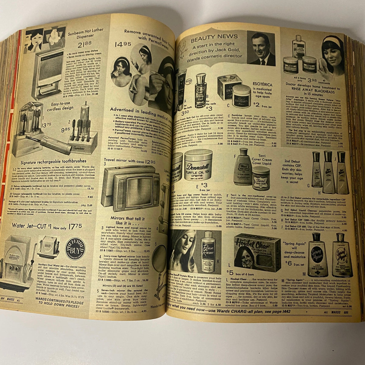 1970 Montgomery Ward Fall and Winter Catalog featuring beauty products, tools, and cosmetic items available for purchase.