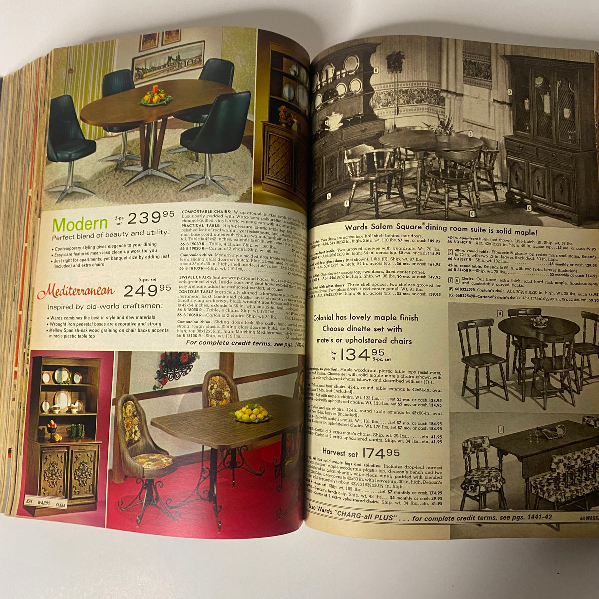 1970 Montgomery Ward Fall and Winter Catalog depicting dining room furniture sets with pricing details.