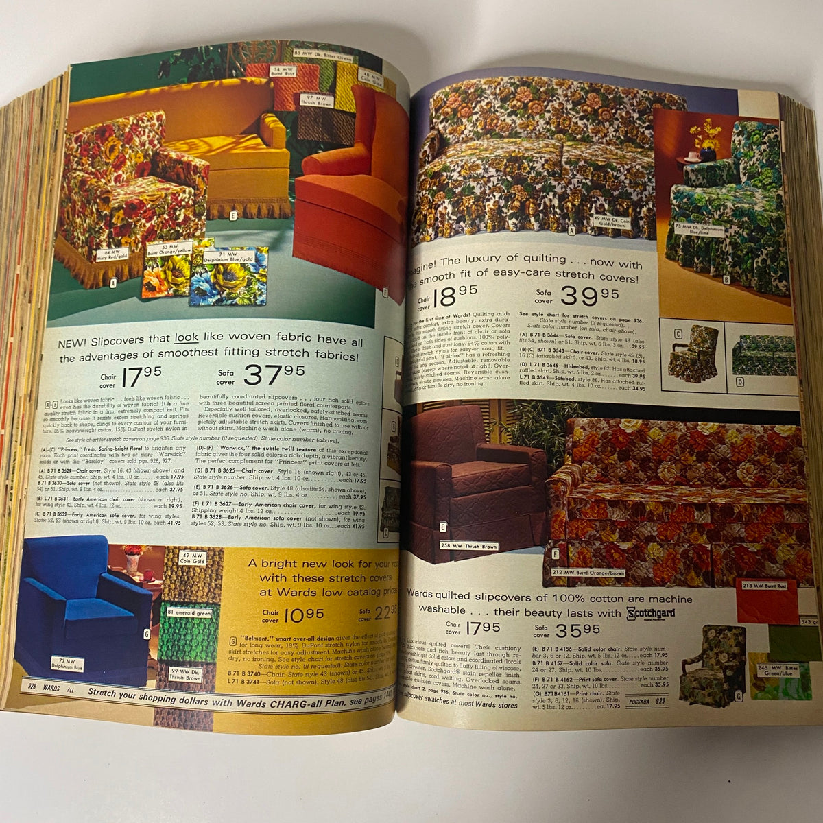 1970 Montgomery Ward Fall and Winter Catalog illustrating stylish sofa slipcovers and their prices.