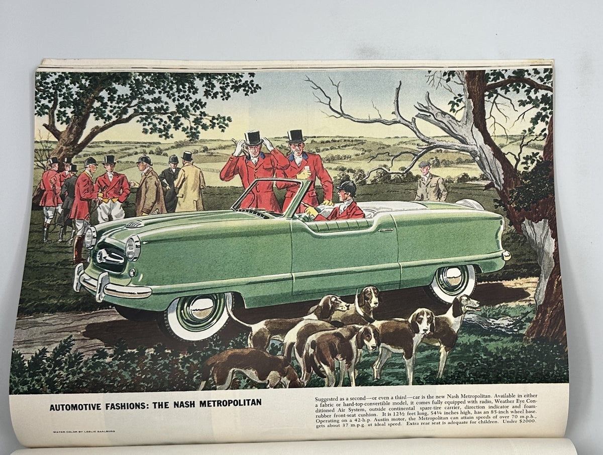 Illustration in Esquire Magazine May 1954 highlighting the Nash Metropolitan car, surrounded by figures in hunt attire, representing automotive fashion.
