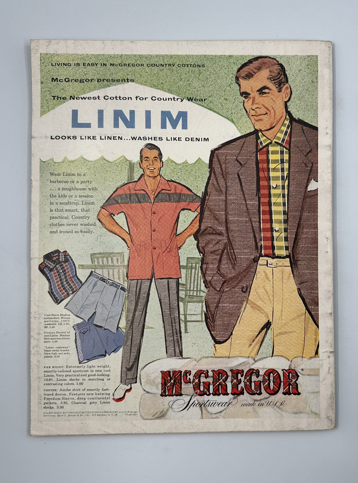 Esquire Magazine May 1954 advertisement for McGregor country wear, highlighting linen-like cotton fabrics for summer, with illustrations of stylish shirts and pants.