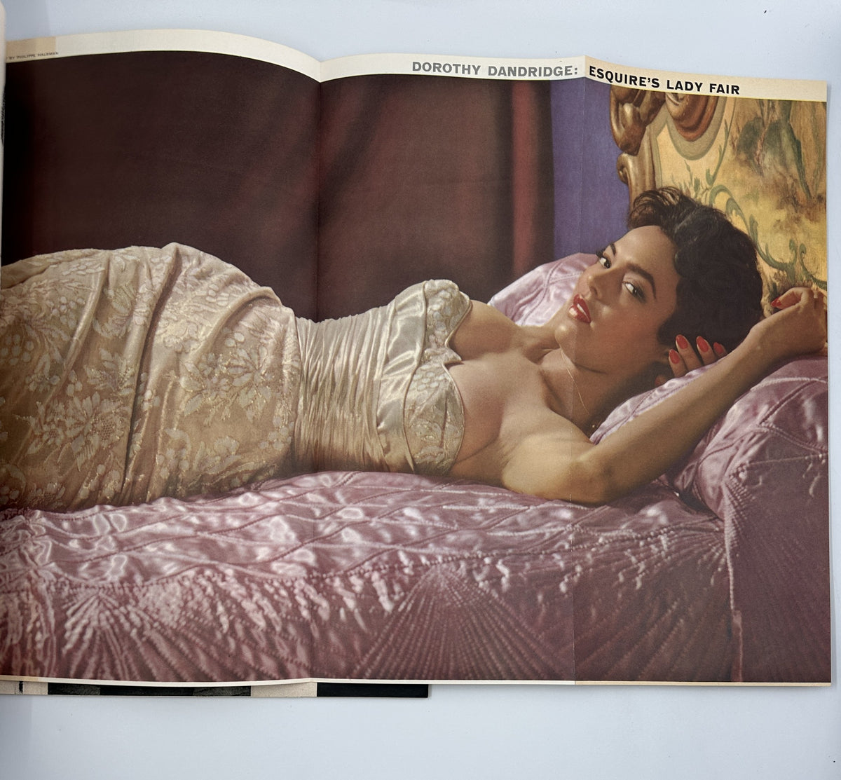 Foldout image of Dorothy Dandridge in Esquire’s Lady Fair section of the June 1954 issue, showcasing her elegant pose in a glamorous gown.