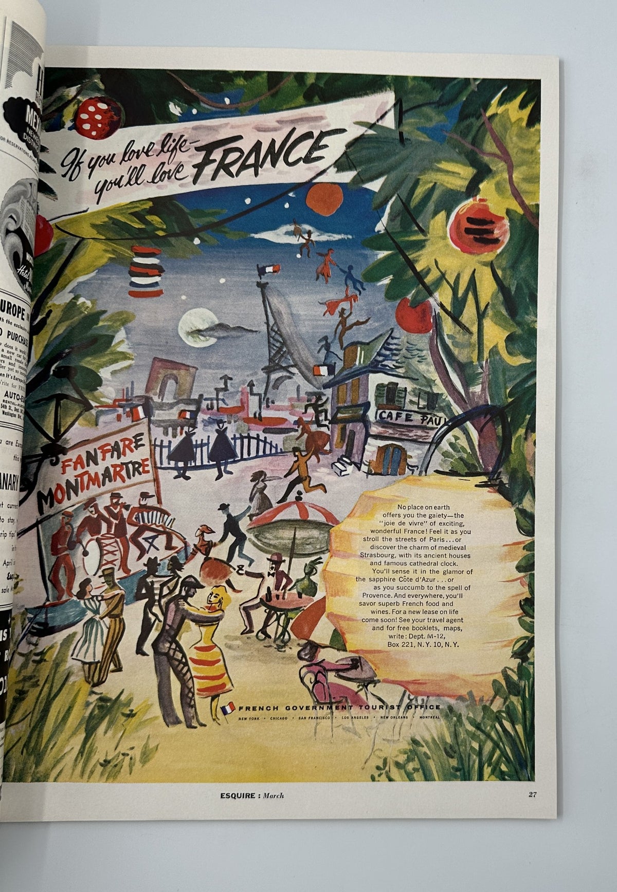 Esquire Magazine March 1955 vibrant artwork promoting France, showcasing a lively street scene filled with colorful figures and festive decorations.