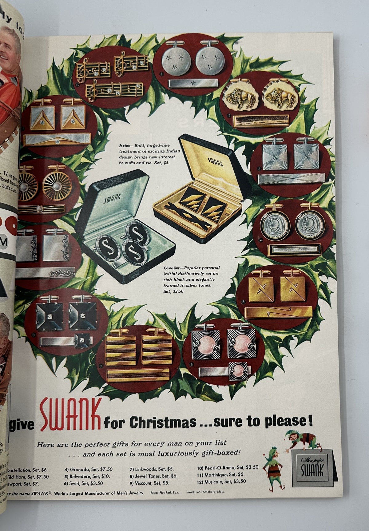 Esquire Magazine December 1955 promotional page showcasing luxurious gift sets for men, arranged in a festive wreath of holly, highlighting presents perfect for the holiday season.