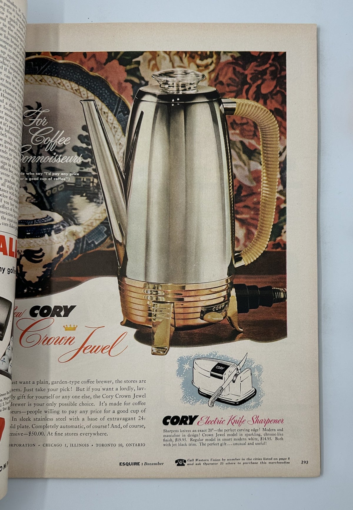Esquire Magazine December 1955 featuring a stylish ad for the Cory Crown Jewel coffee pot, emphasizing modern kitchen appliances with sleek design elements.