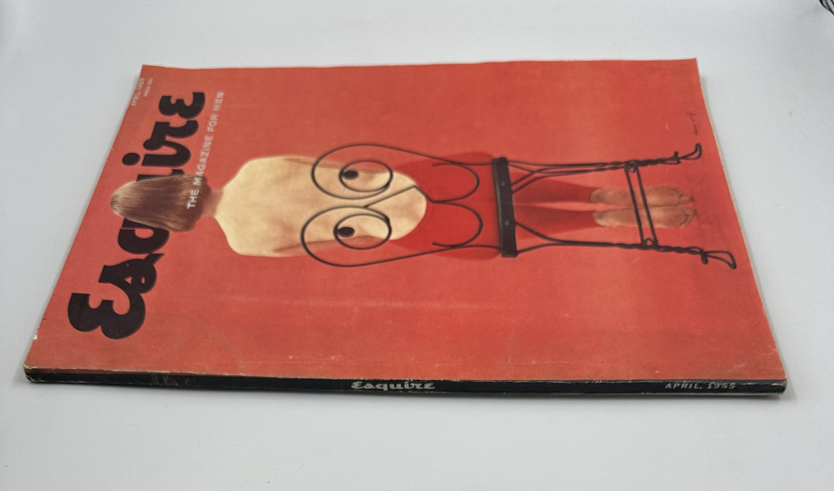 Cover of Esquire Magazine April 1955 featuring a unique illustration and the title prominently displayed. The magazine includes works by Kurt Vonnegut Jr. and showcases a vintage pinup.