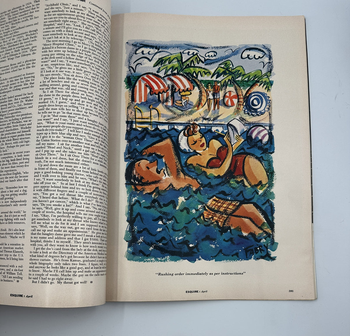 Illustrative page from Esquire Magazine April 1955 featuring a vibrant artistic rendering of people enjoying leisure time at the beach.
