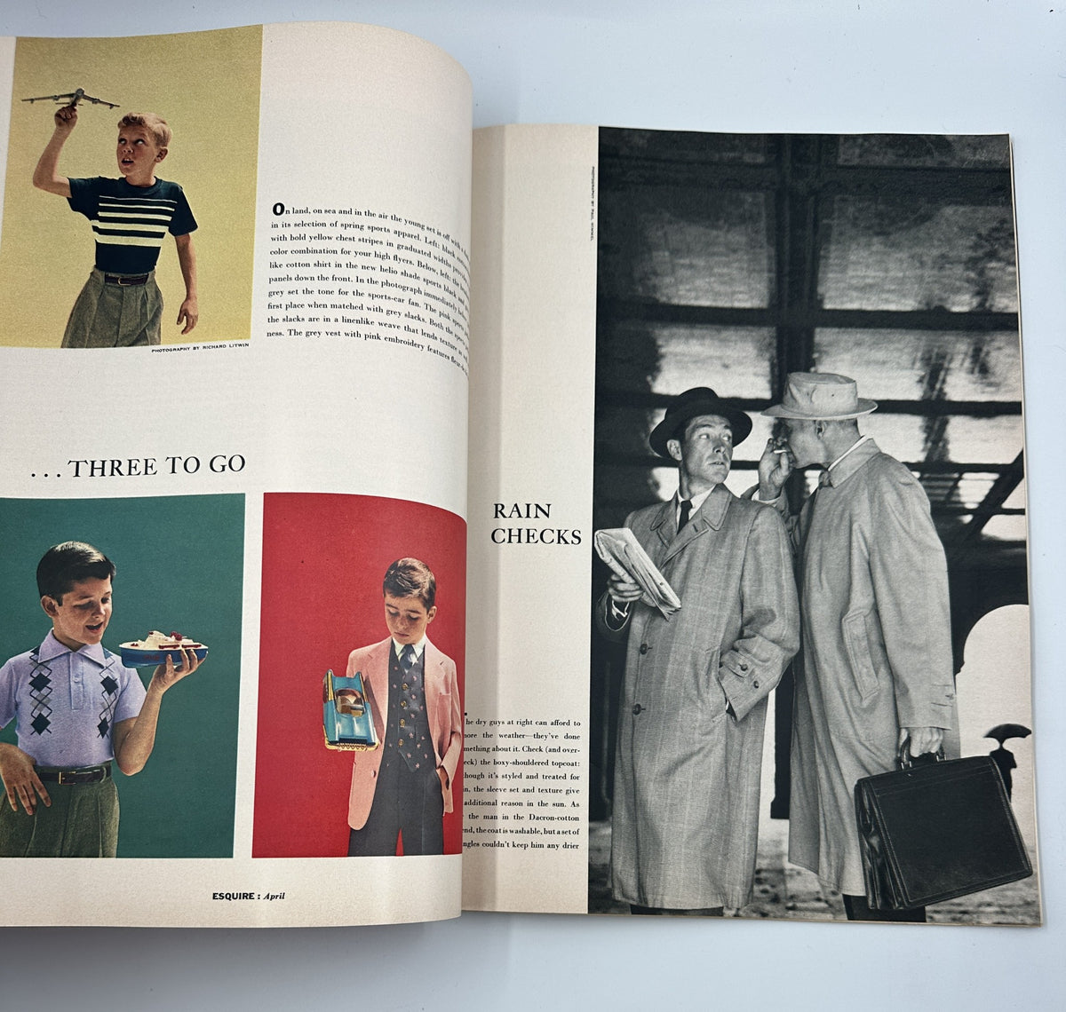 Page from Esquire Magazine April 1955 titled 'Three to Go' showcasing fashionable children's apparel, highlighting classic styles alongside an engaging illustration.