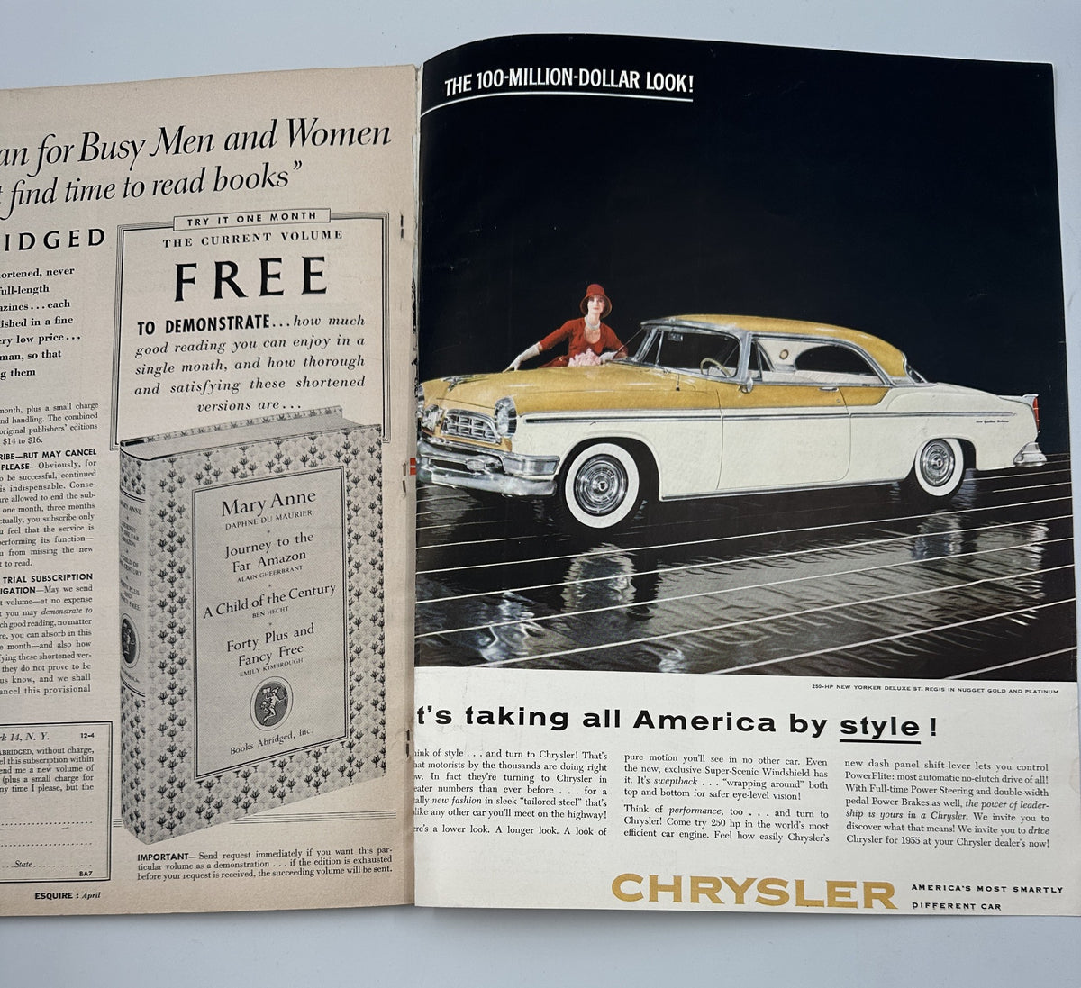 Esquire Magazine April 1955 featuring a foldout illustration of a Chrysler car and a glamorous pinup model, showcasing vintage automotive design and classic style.