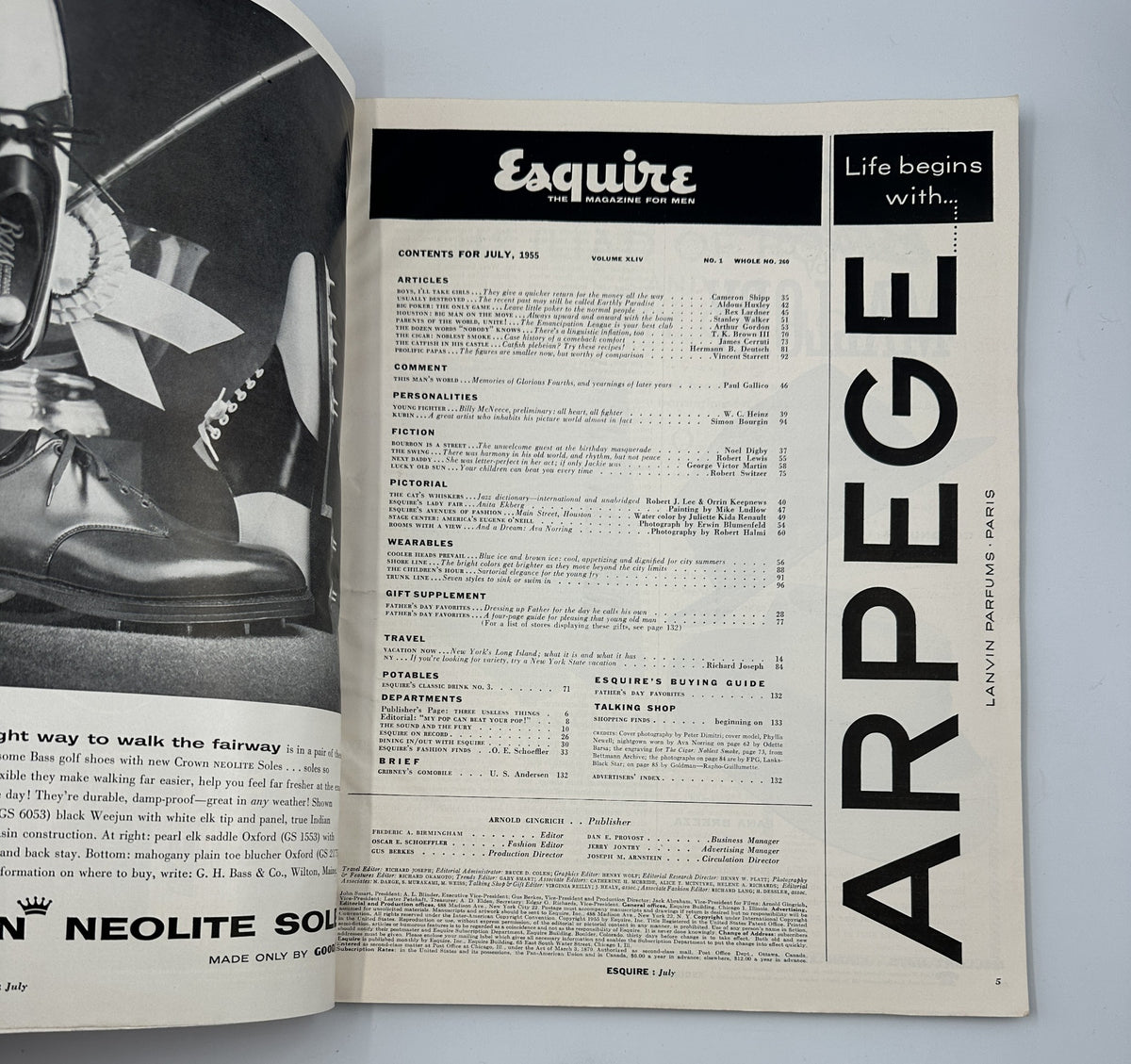 Inside page of Esquire Magazine July 1955 displaying the contents list, illustrating a classic magazine layout with articles and features for the issue.