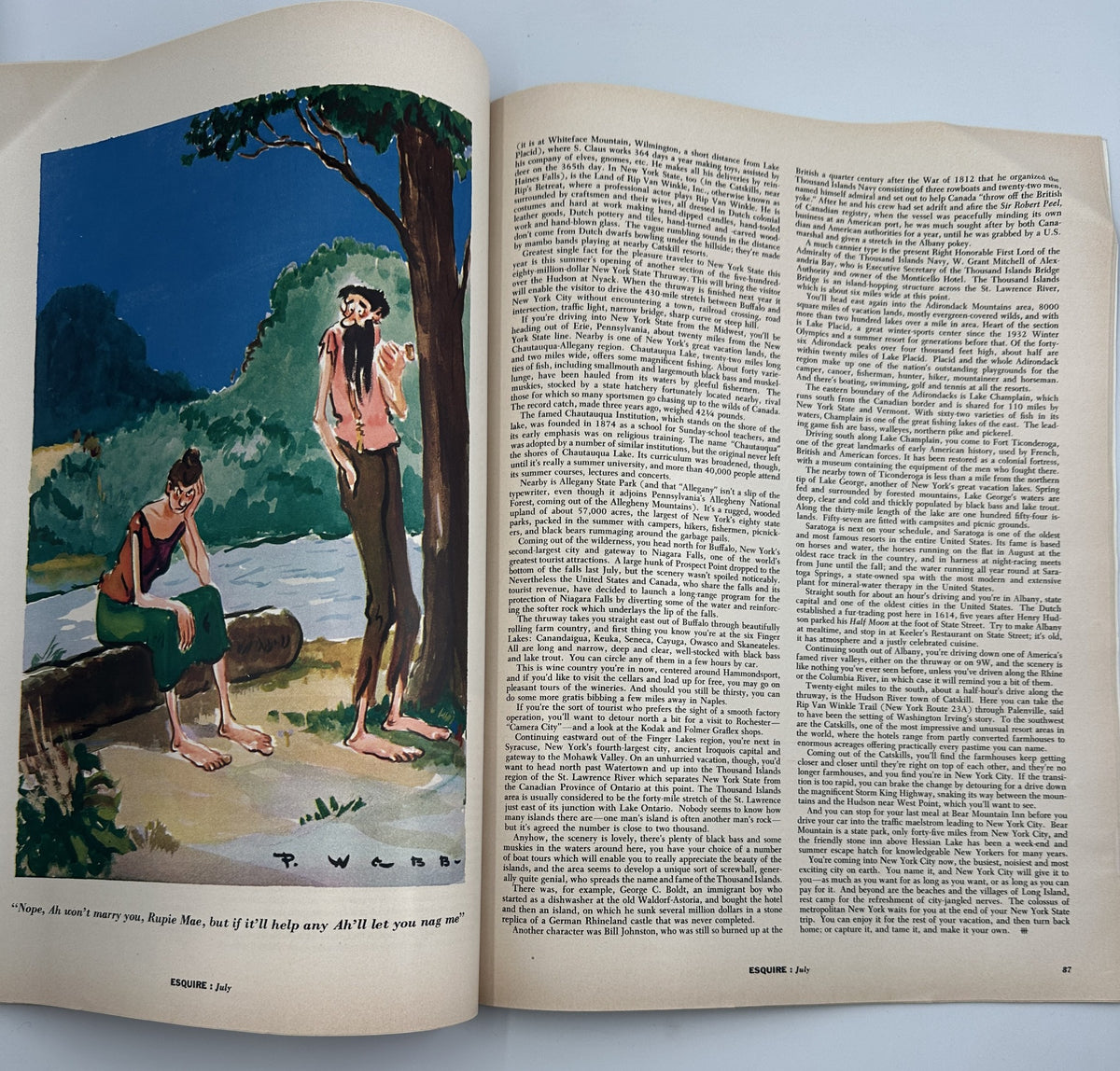 Esquire Magazine July 1955 featuring a foldout page with a colorful painting scene of a man sitting by a riverbank. This issue includes Anita Ekberg and a poker theme, showcasing its vintage magazine aesthetic.