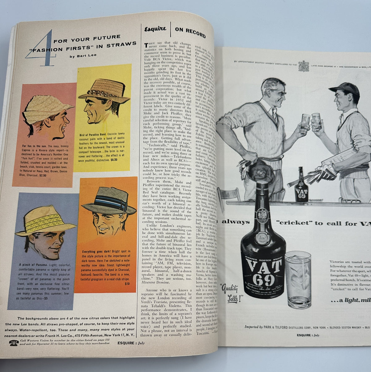 Esquire Magazine July 1955 page displaying an article titled 'Fashion Firsts in Straws' by Dan Lee, illustrated with various hat designs. The magazine highlights Anita Ekberg and a poker concept.