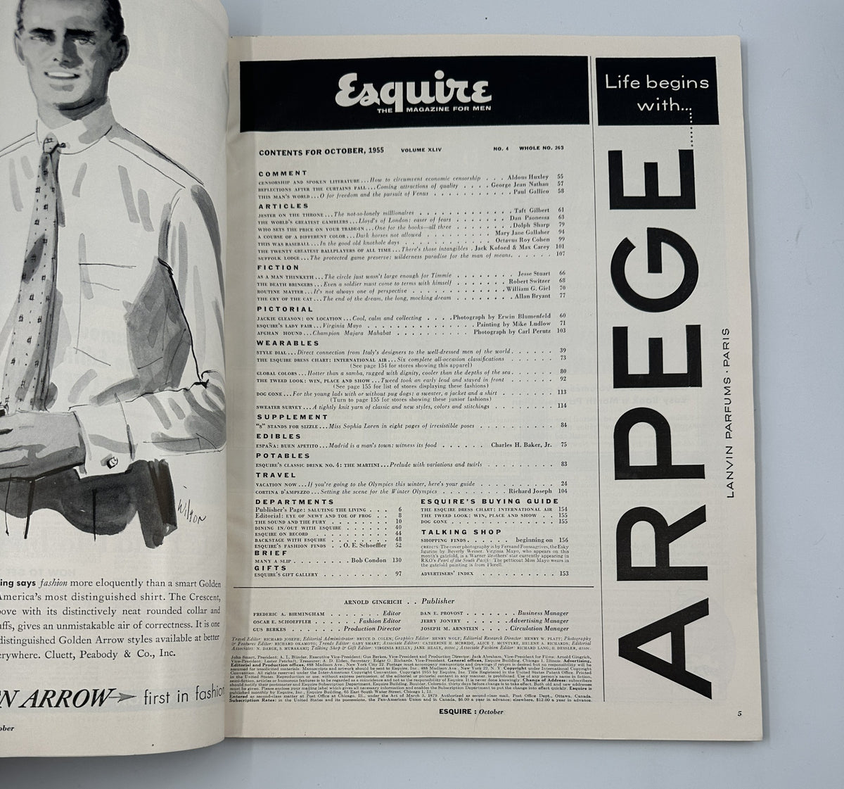 Esquire Magazine October 1955 table of contents featuring articles and illustrations related to men's fashion and culture.