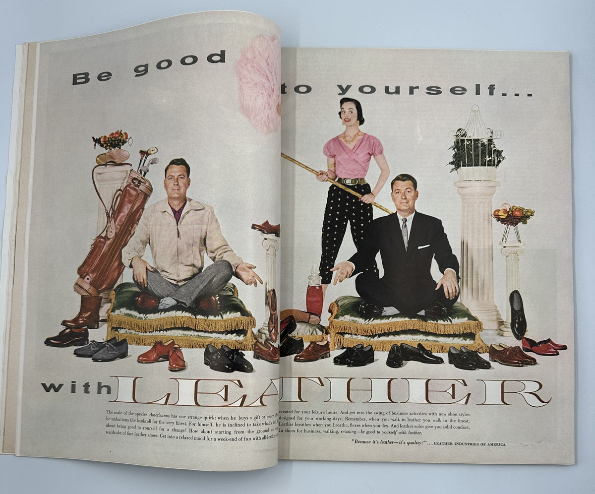 Esquire Magazine October 1955 advertisement promoting leather fashion, featuring elegantly dressed models and stylish footwear.