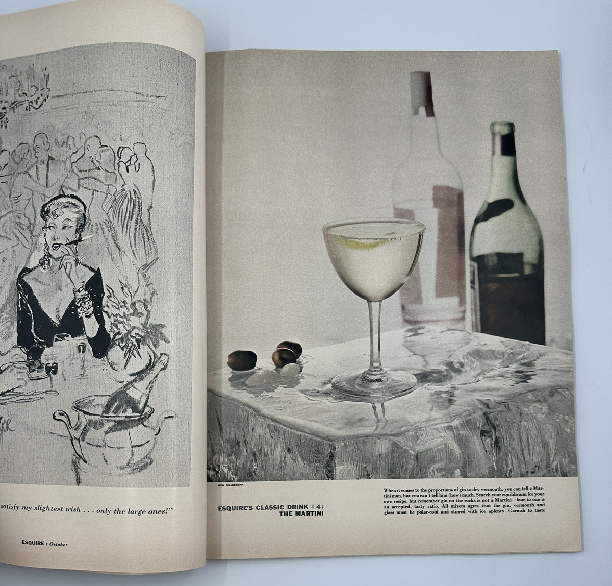 Esquire Magazine October 1955 feature on classic cocktails with an artistic representation of a martini against a stylish backdrop.