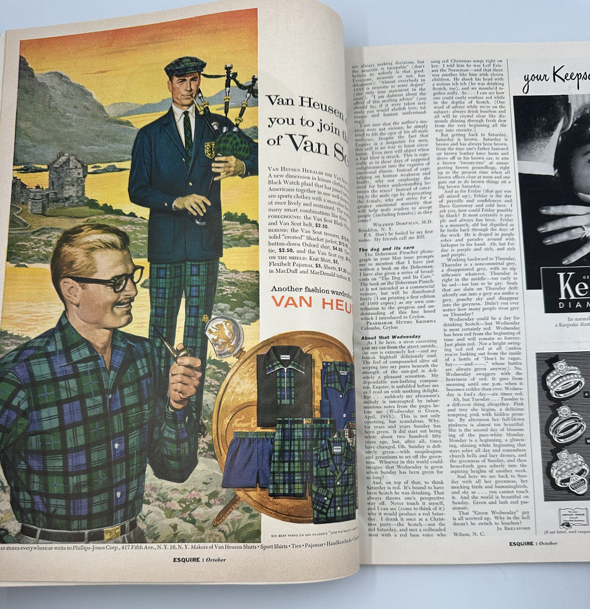 Esquire Magazine October 1955 advertisement for Van Heusen featuring a man in plaid clothing and holding a pipe on a scenic mountain background.