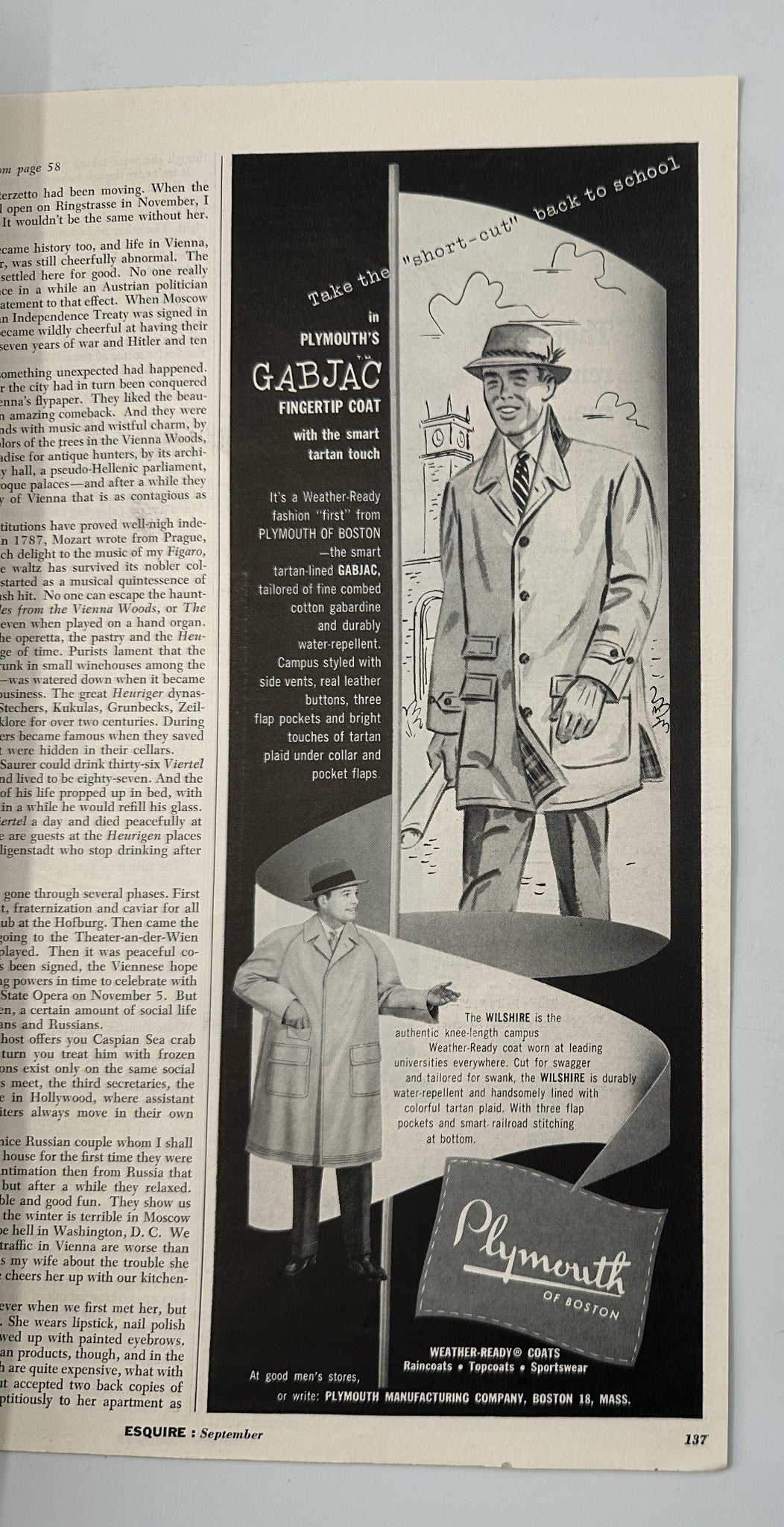 Advertisement for Plymouth's Gabjag Fingecoat in Esquire Magazine September 1955, featuring a stylish man wearing the coat with a classic design. Showcases fashion trends of the era.