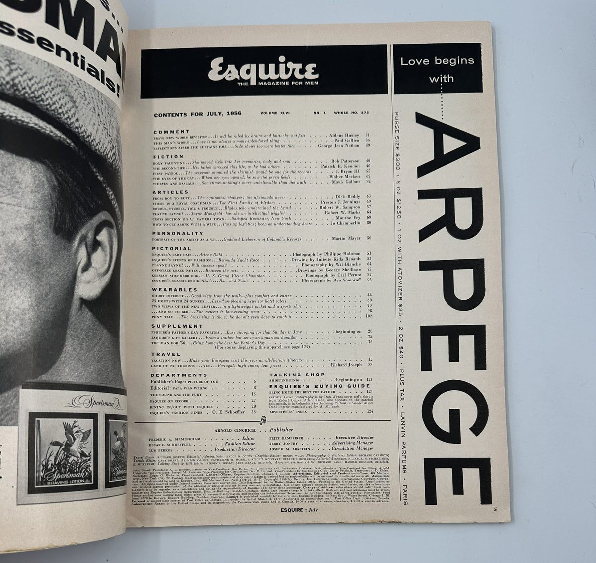 Inside page of Esquire Magazine July 1956 displaying the table of contents, highlighting articles and features including Arpege fragrance.
