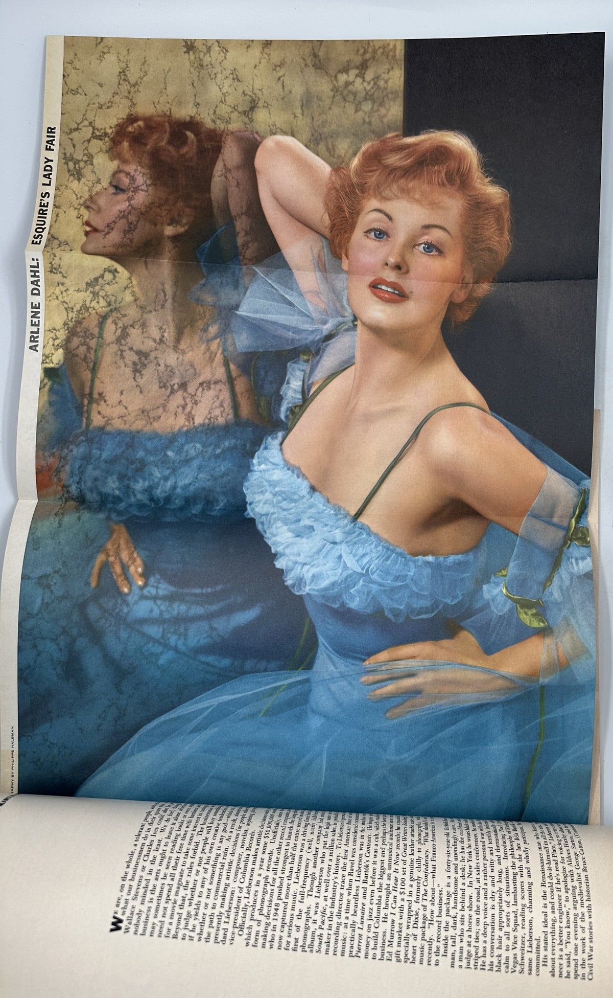 Foldout pinup of Arlene Dahl in a blue gown from Esquire Magazine July 1956, emphasizing classic beauty and vintage fashion.