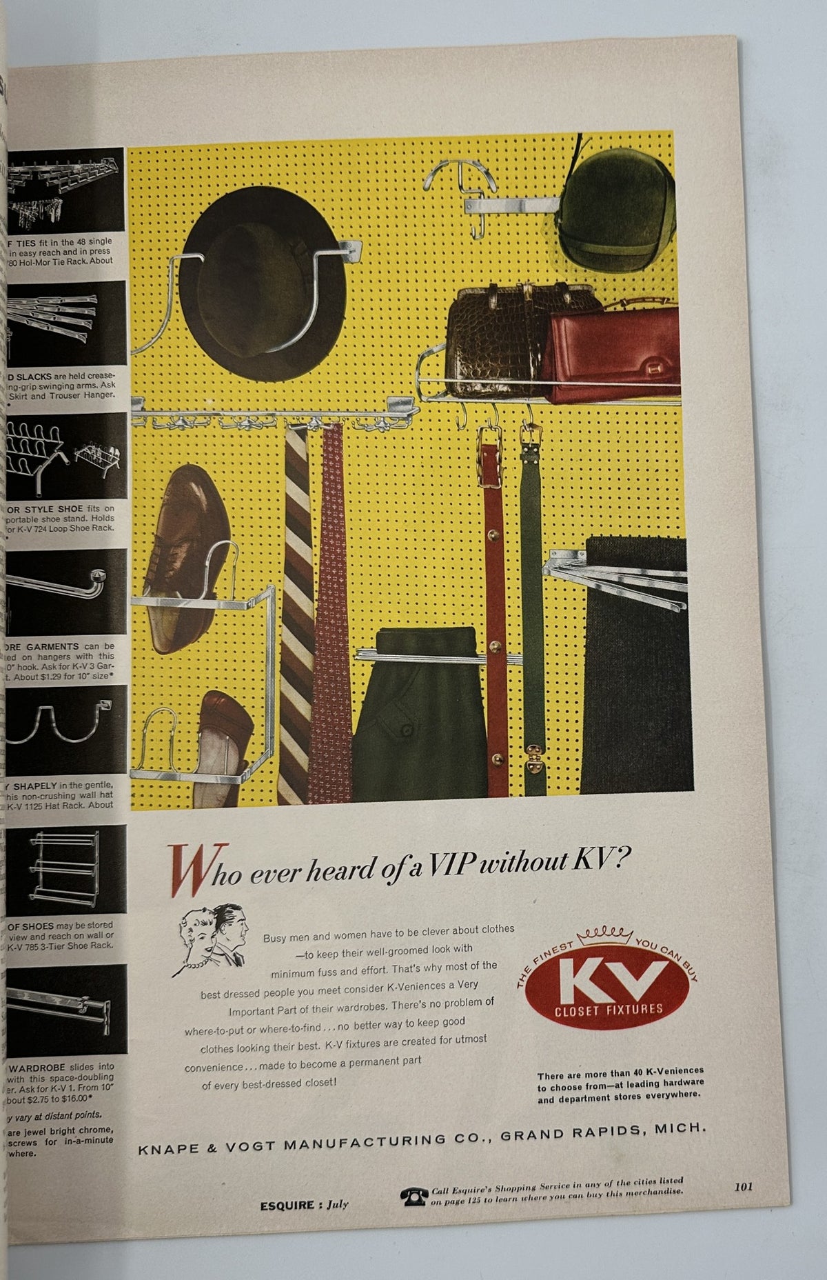 Advertisement page from Esquire Magazine July 1956 featuring Closet Fixtures, with visual elements of stylish organization and design.