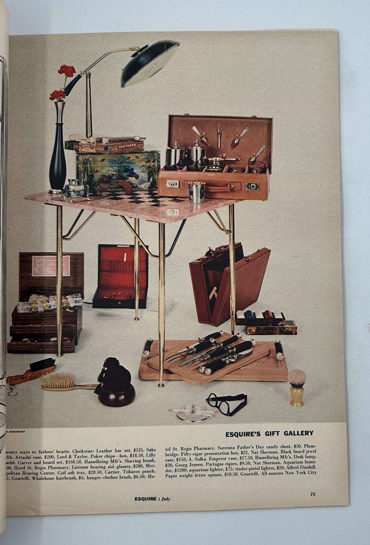 Esquire's Gift Gallery page from July 1956 magazine, showcasing an array of luxury items, perfect for gift shopping.