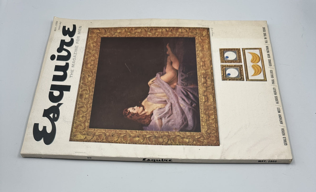 Esquire Magazine May 1956 showcased at an angle, displaying its cover art featuring a tasteful portrait of a woman and elegant design elements, emphasizing content from established writers like Aldous Huxley.