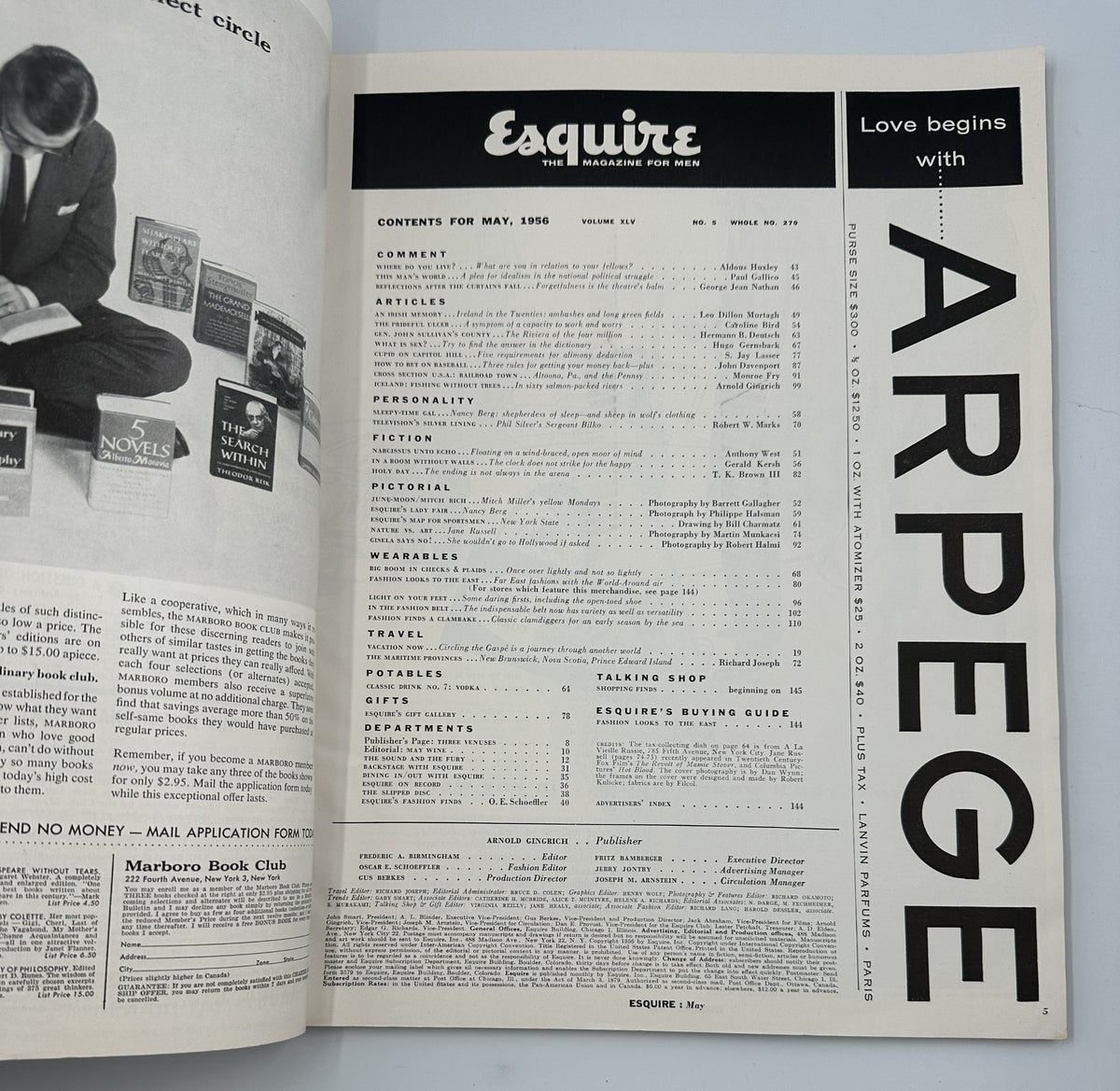 Interior page of Esquire Magazine May 1956 listing contents including articles, personalities, and fiction, capturing the magazine's diverse offerings with a bold design focused on engaging readers.