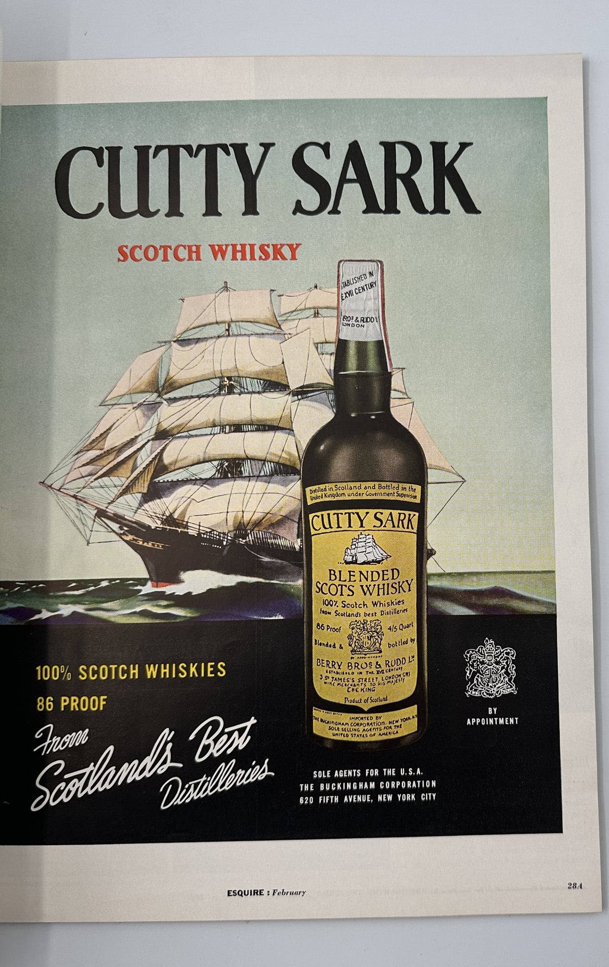 Advertisement for Cutty Sark Scotch Whisky in Esquire Magazine February 1956, featuring a ship illustration and product details.