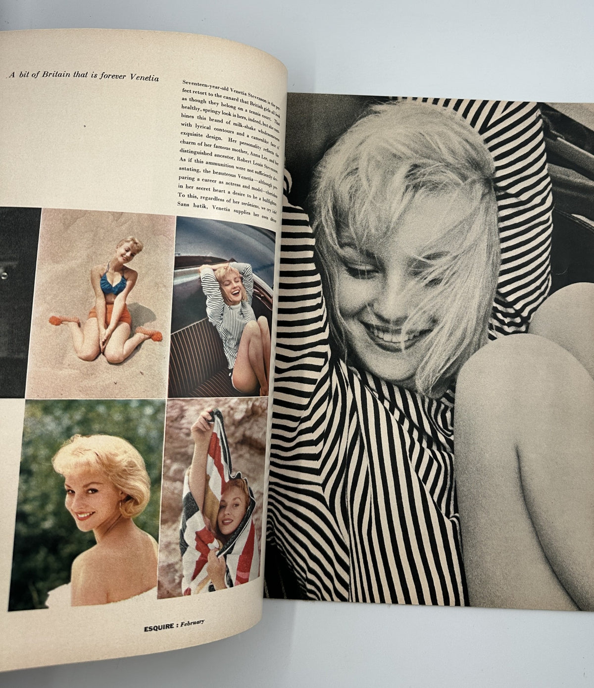 Vintage collage of models in Esquire Magazine February 1956, showcasing various photos of beauty and fashion trends.