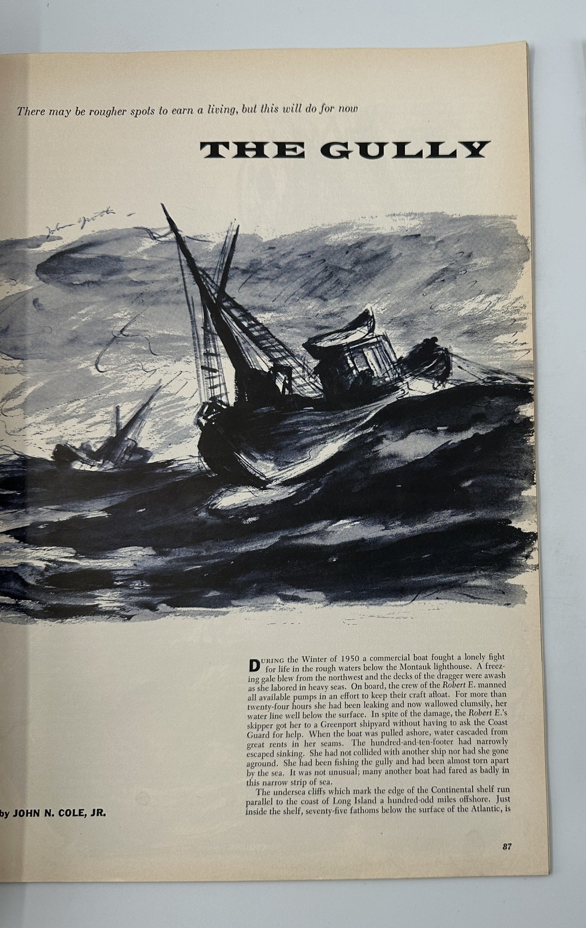 Esquire Magazine March 1956 depicting 'The Gully,' an artistic representation of a commercial boat in turbulent waters, illustrating the harshness of the Atlantic.