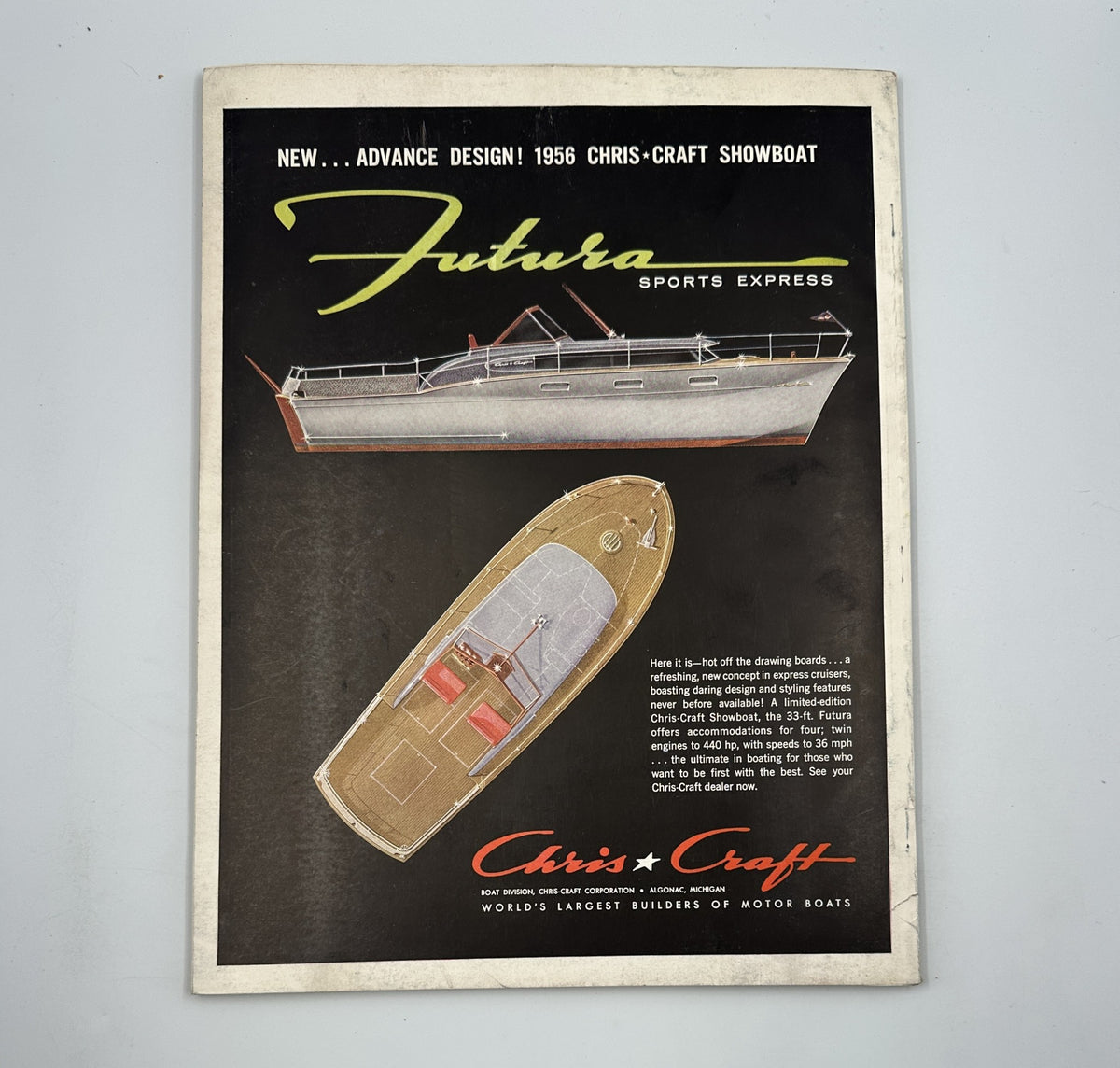 Esquire Magazine March 1956 advertisement for the CHRIS-CRAFT showboat, displaying modern design and luxury in motorboat craftsmanship.