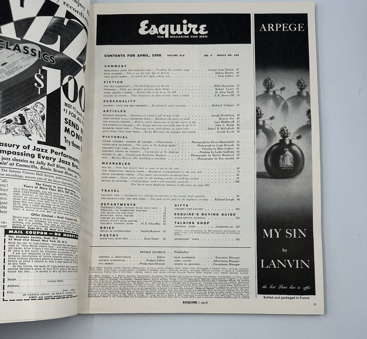 Inside page of Esquire Magazine April 1956 showing the table of contents with article titles such as 'Budapest Revisited' and sections on fiction, personality, and fashion.