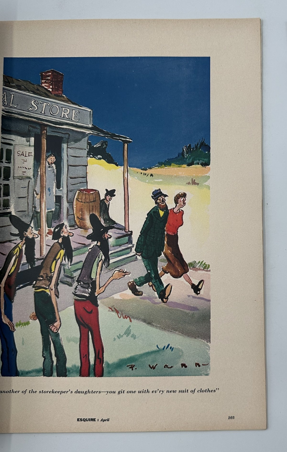 Esquire Magazine April 1956 includes a colorful illustration depicting a scene outside a general store, with characters walking in a countryside setting, adding to the magazine's diverse content.