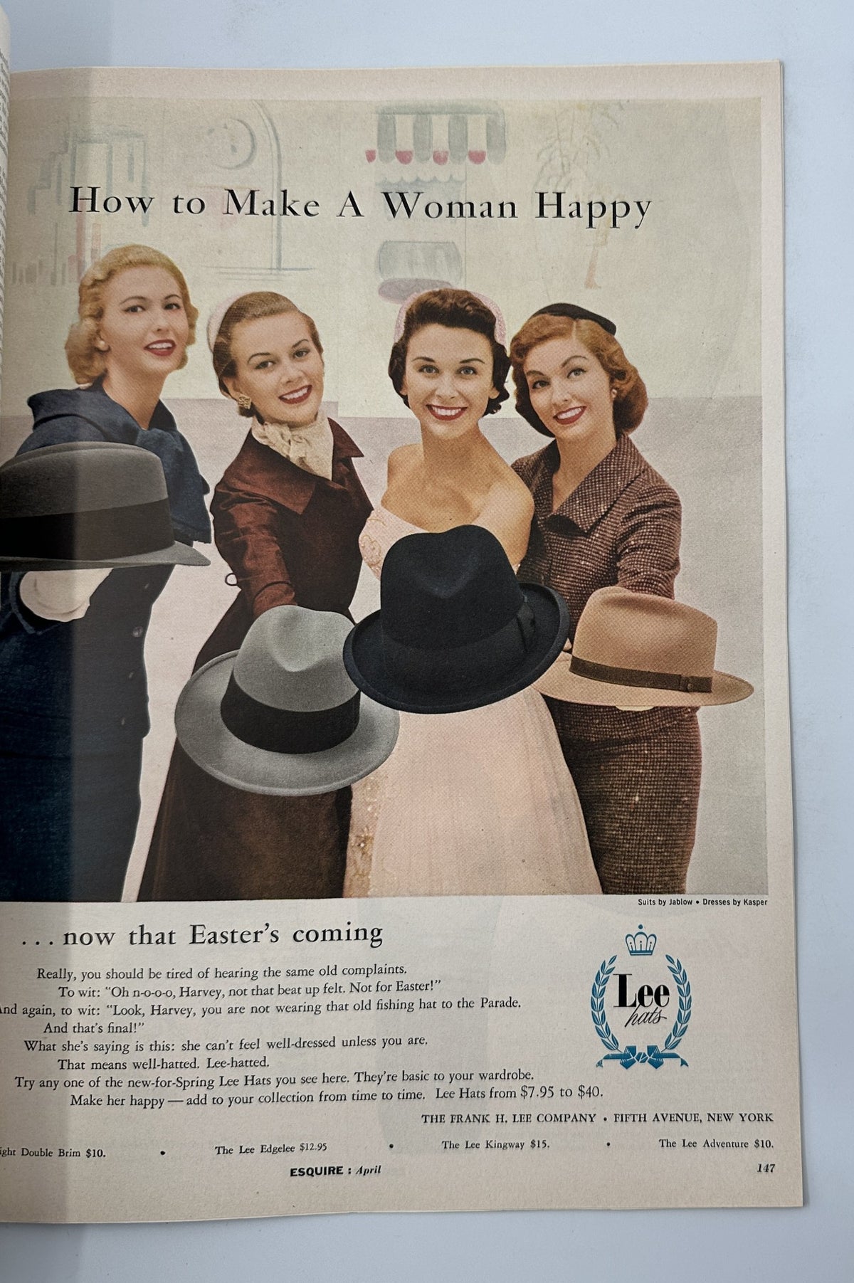 Esquire Magazine April 1956 features an advertisement titled 'How to Make A Woman Happy,' showcasing four women in stylish outfits, promoting various hats and fashions of the time.