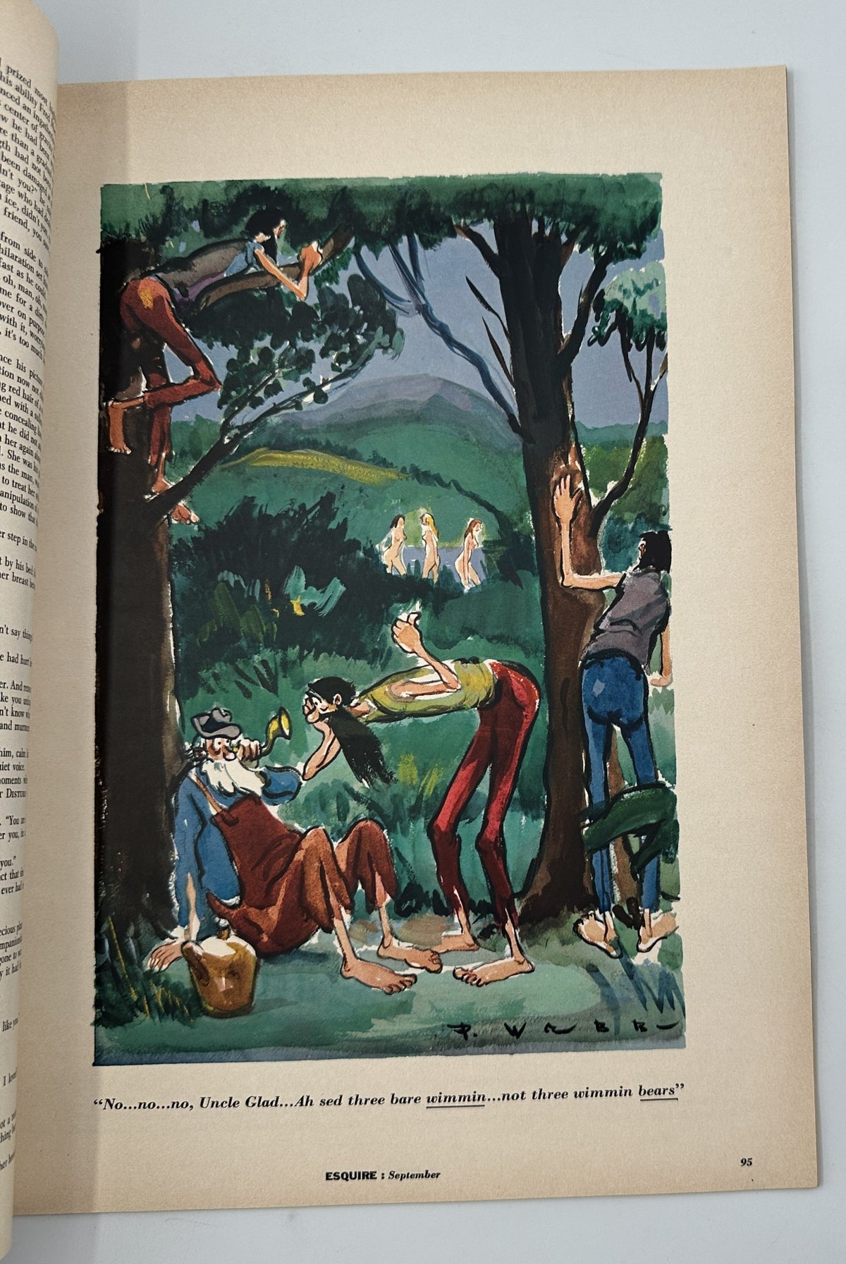 Esquire Magazine September 1956 illustration depicting a humorous scene with characters enjoying a leisurely moment in a park setting, accompanied by a witty dialogue.