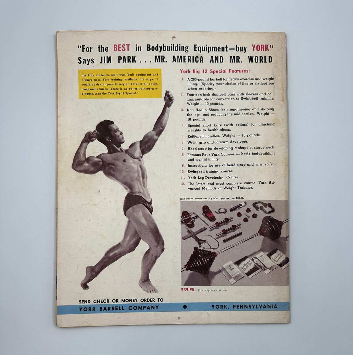 Back cover of Strength and Health Magazine January 1954 featuring a promotional advertisement for York Barbell Company, displaying bodybuilding equipment and fitness advice.