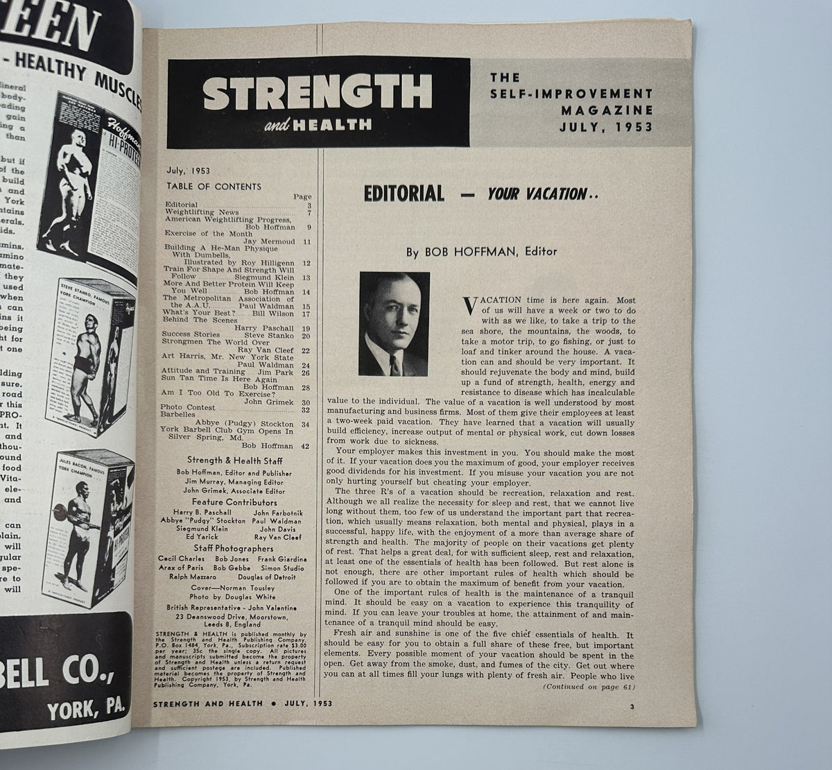 Editorial page from Strength and Health Magazine July 1953, featuring an article by Bob Hoffman discussing self-improvement in fitness and strength training.