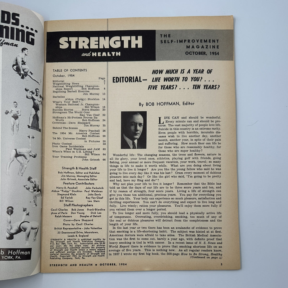 Inside page of Strength and Health Magazine, October 1954, showing the editorial section and table of contents by Bob Hoffman.