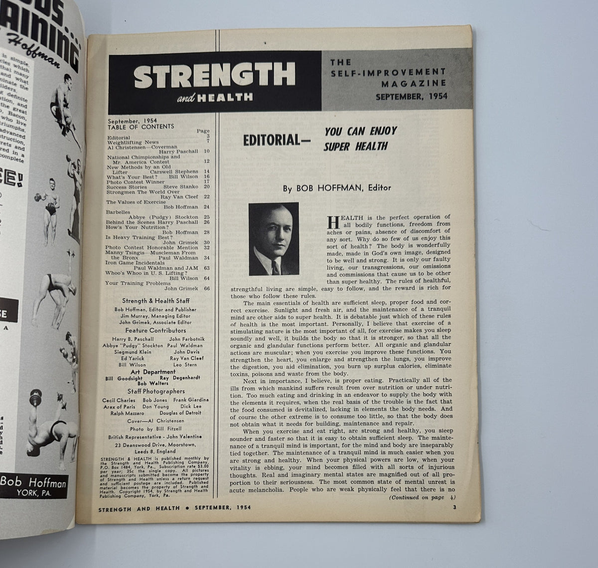 Editorial page from Strength and Health Magazine, September 1954, written by Bob Hoffman, discussing the benefits of super health and fitness.