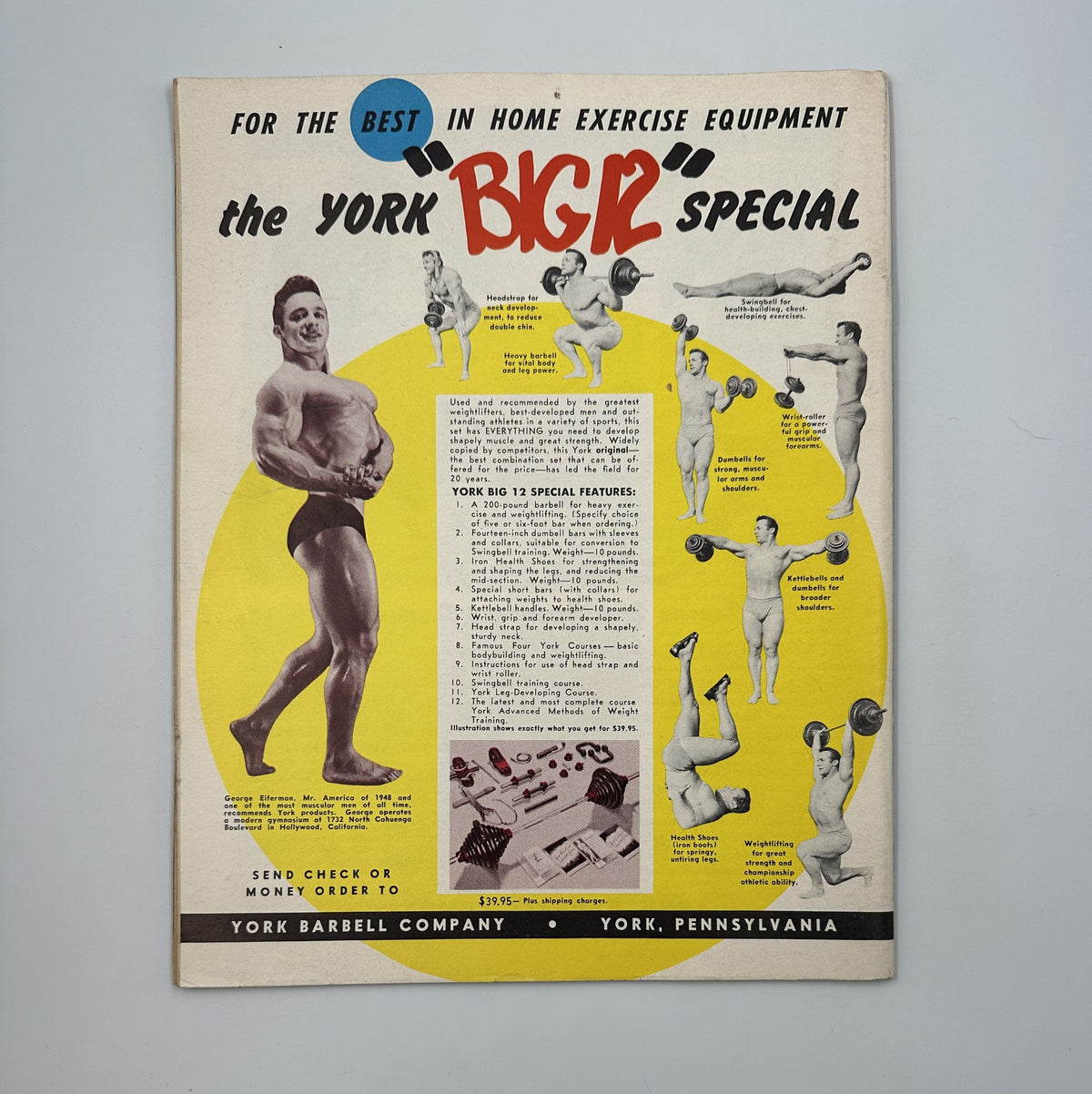 Advertisement page from Strength and Health Magazine, September 1954, promoting the York Barbell Company's 'Big 12' exercise equipment for home workouts.