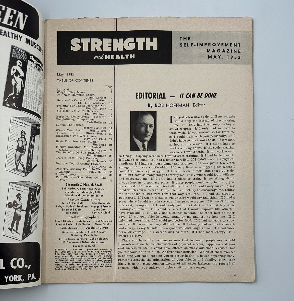Editorial page from Strength and Health Magazine, May 1953, featuring an article by Bob Hoffman. The magazine emphasizes self-improvement in bodybuilding and fitness.