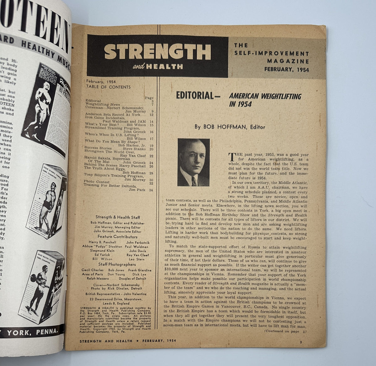 The interior page of Strength and Health Magazine February 1954, featuring the editorial section by Bob Hoffman and the Table of Contents.