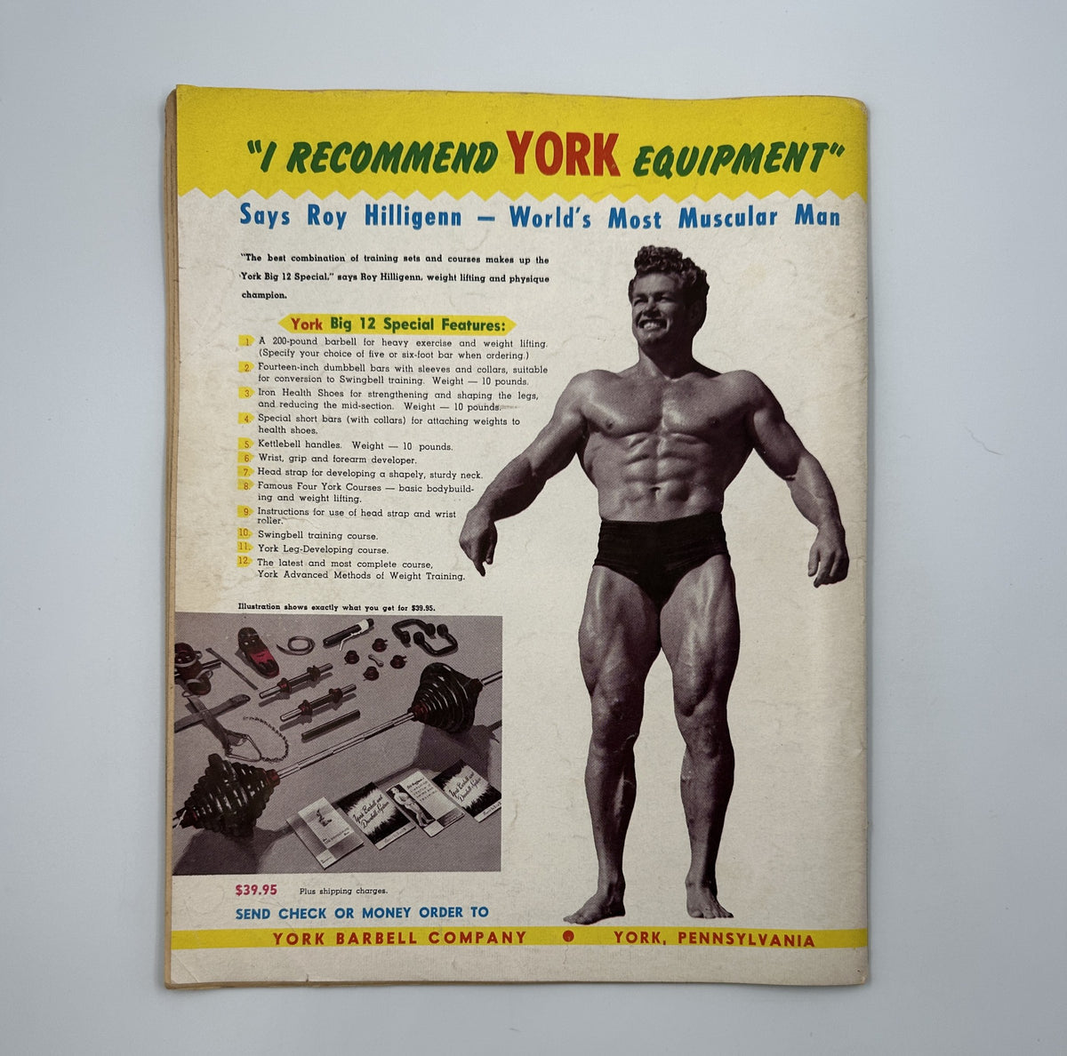 Back cover of Strength and Health Magazine February 1954, highlighting York equipment endorsed by Roy Hilligen, the World's Most Muscular Man.