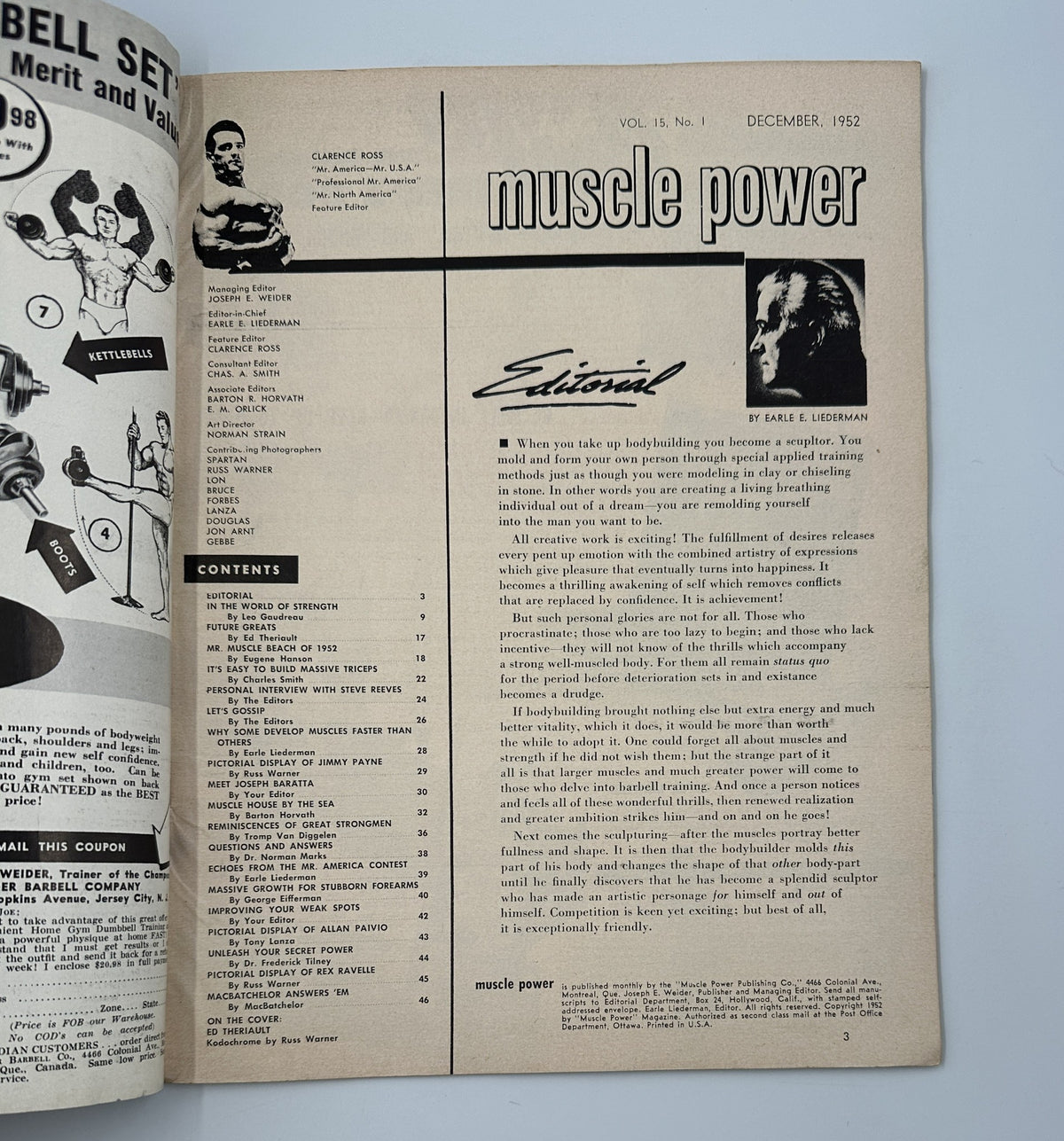 Inside page of Muscle Power Magazine December 1952 displaying the Table of Contents along with an editorial by Earle Lieburan.