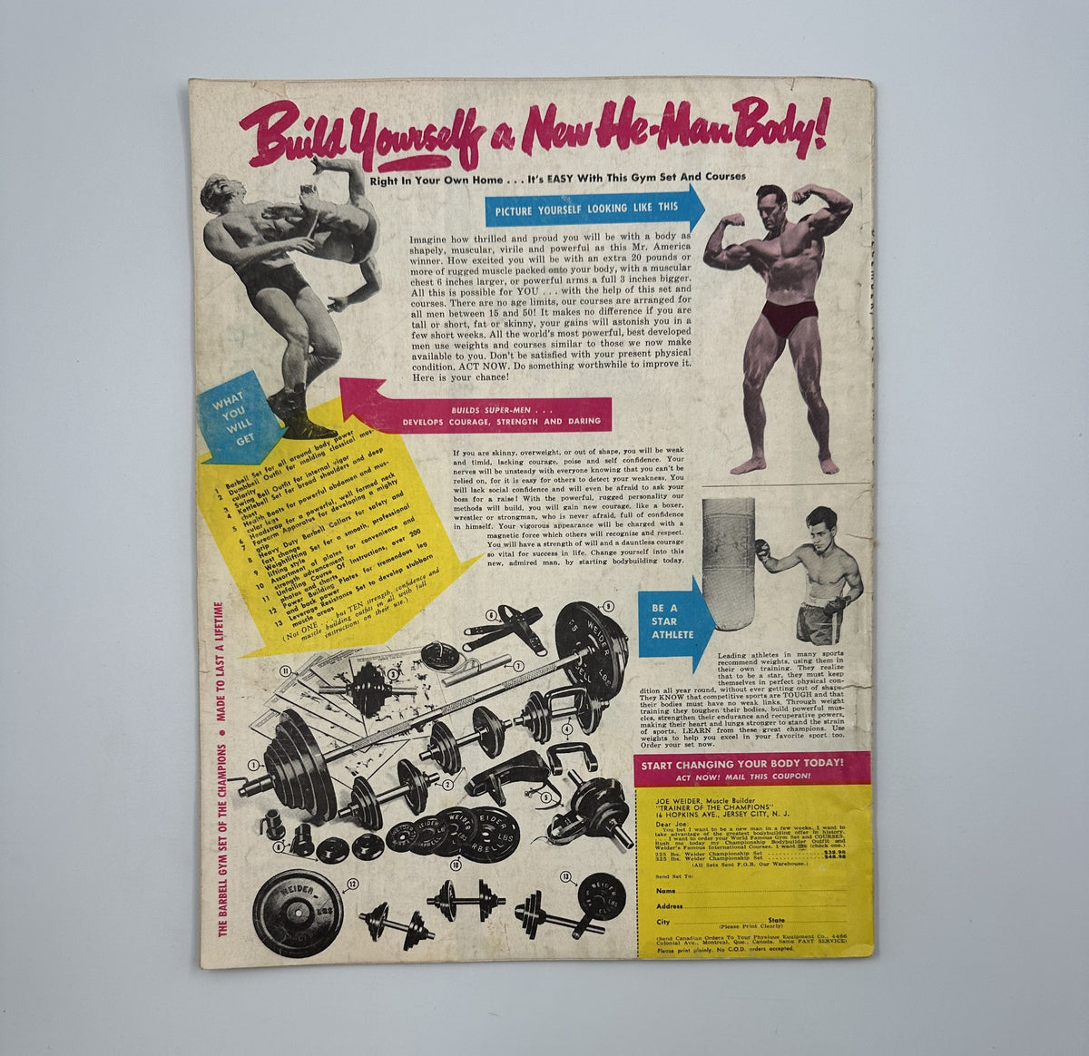 Back cover of Muscle Power Magazine December 1952 with an advertisement encouraging readers to build a new body, showcasing fitness equipment and exercises.